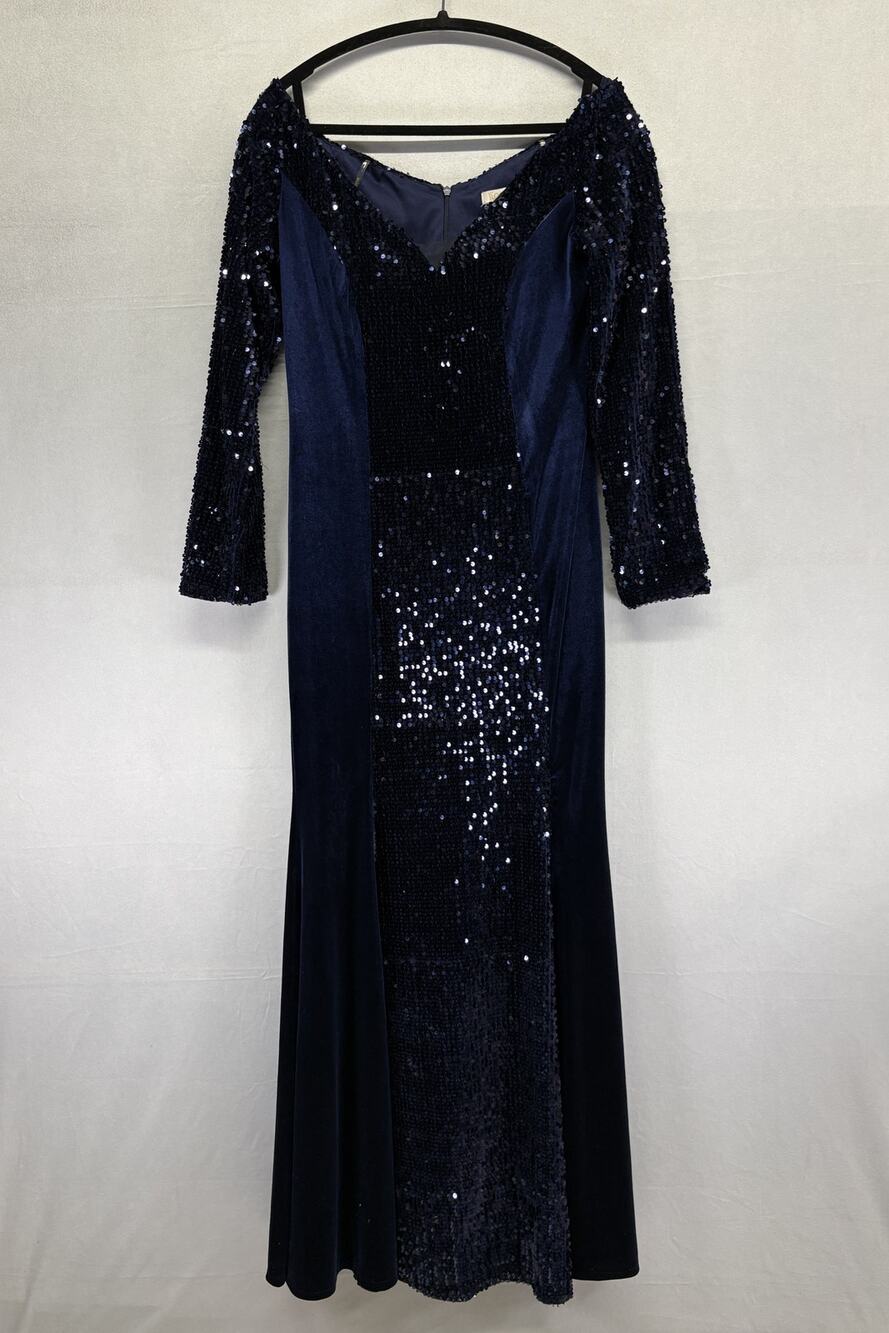 Robir Navy Velvet Sequin Off-The-Shoulder Evening Gown Maxi Dress Size 38